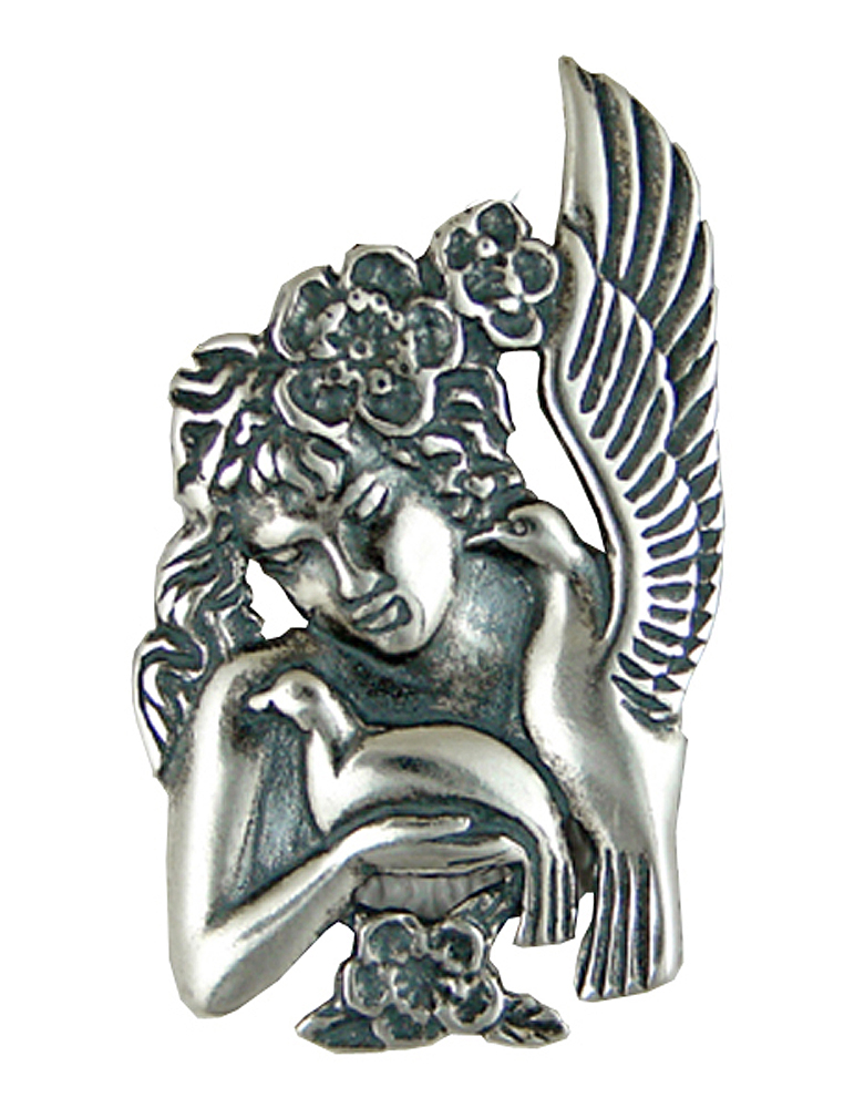 Sterling Silver Flower Woman Holding Bird Pendant