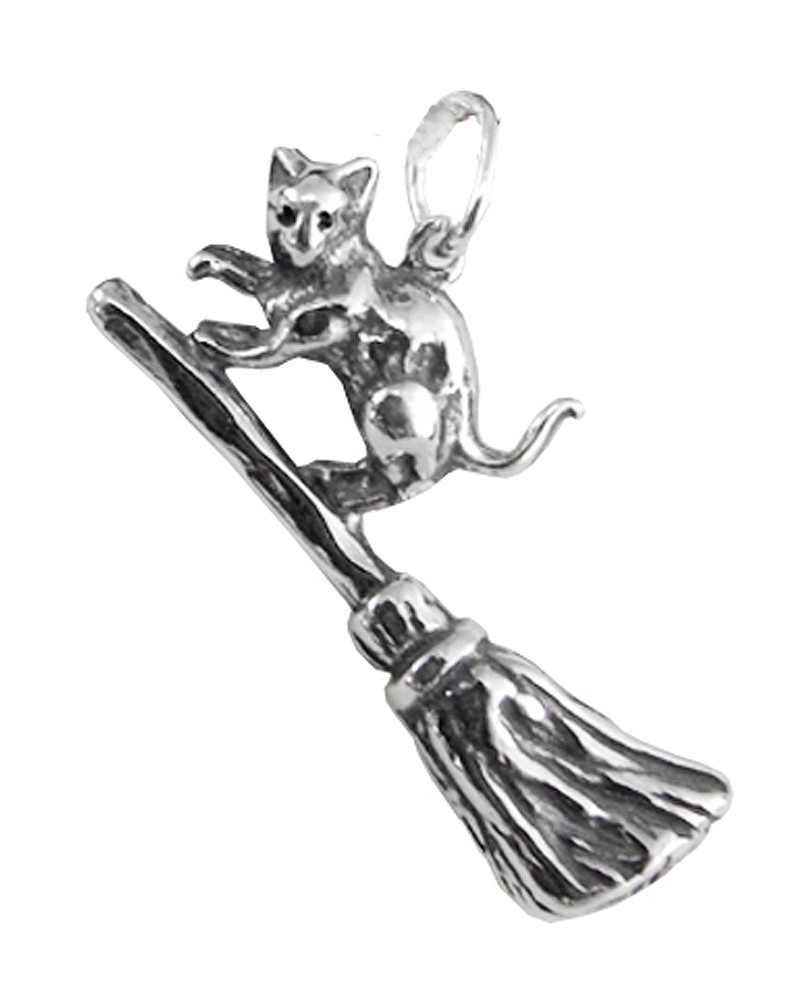 Sterling Silver Kitty Cat On Witches Broom Charm