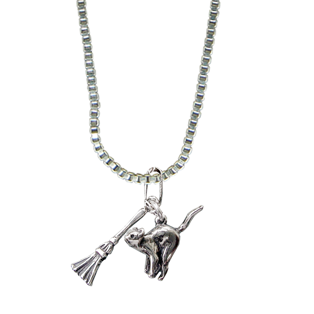 Sterling Silver Little Cat And a Broom Pendant Necklace