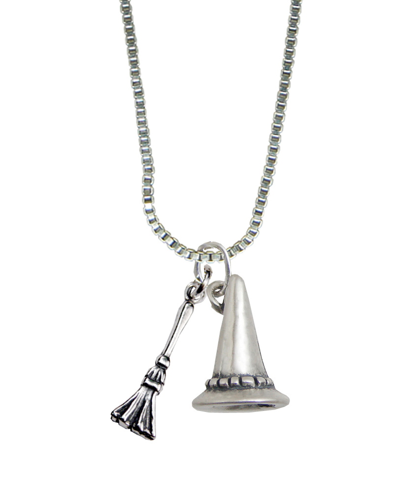 Sterling Silver Witch's Hat And Broom Pendant Necklace