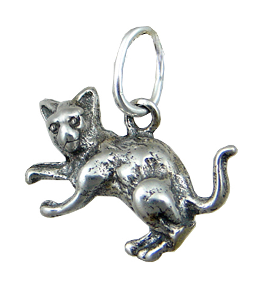Sterling Silver Playful Kitty Cat About To Jump Charm