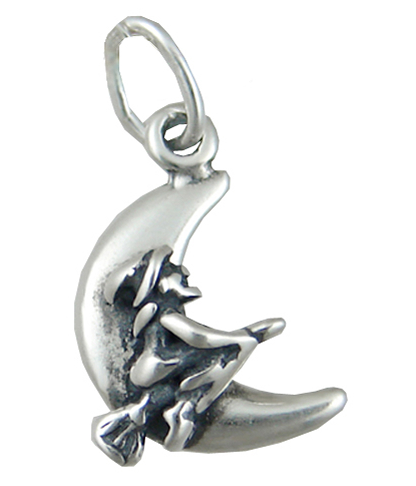 Sterling Silver Witch Flying Broom On Harvest Moon Charm