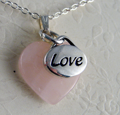 Sterling Silver Heart of Rose Quartz With Word "Love" Pendant