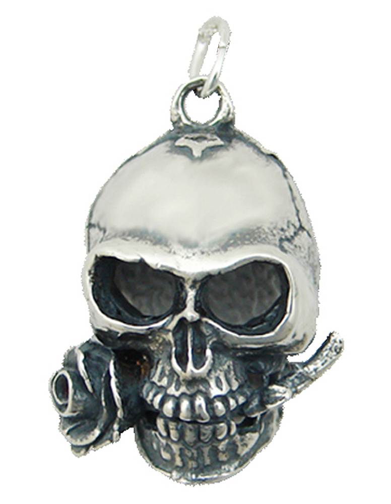 Sterling Silver Skull With Rose Clinched In Teeth Charm