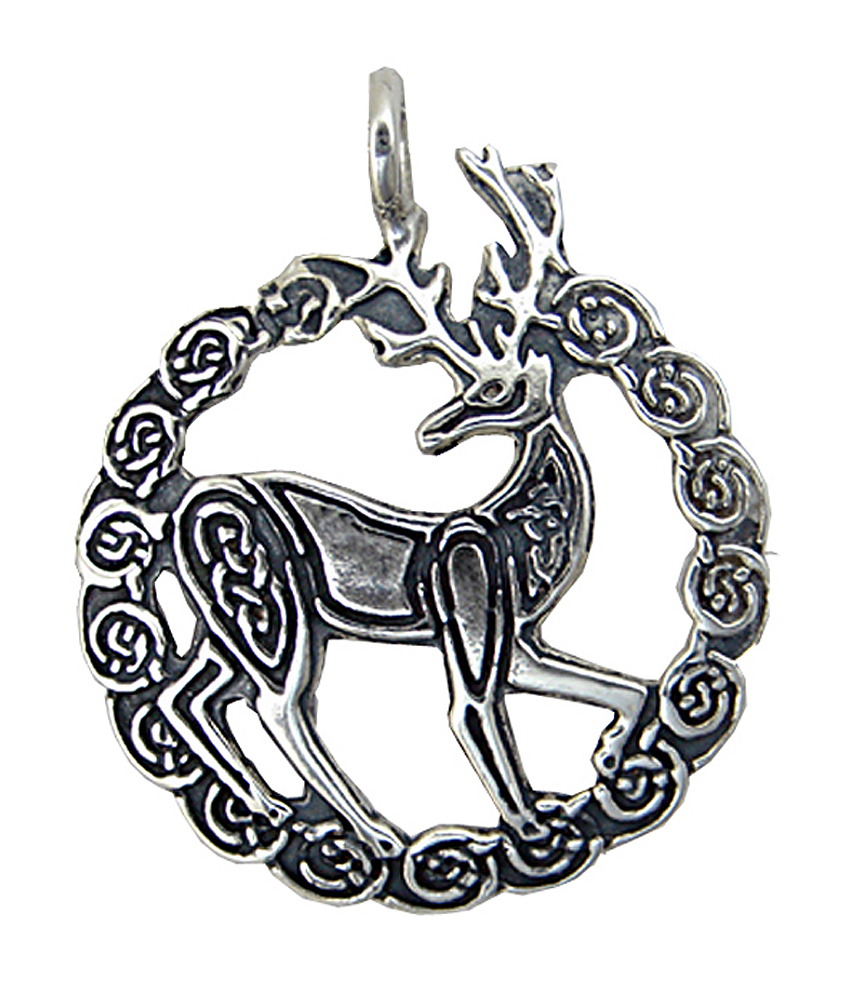 Sterling Silver Celtic Knotwork Horned Stag Deer Pendant