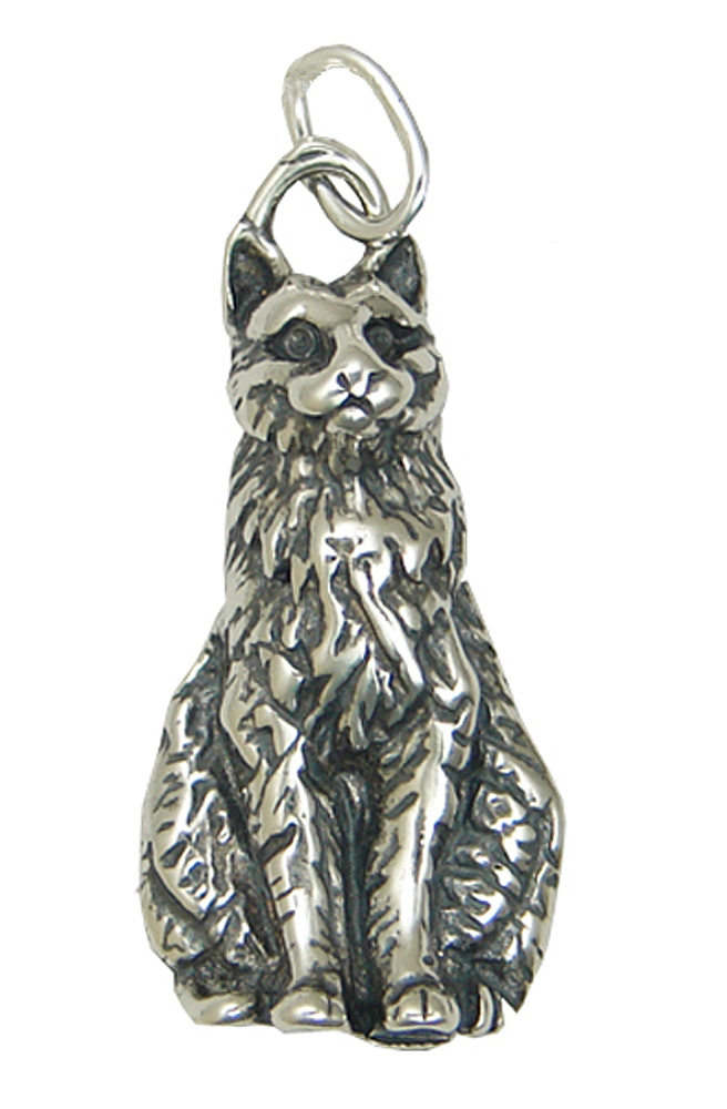 Sterling Silver Sitting Furry Cat Charm