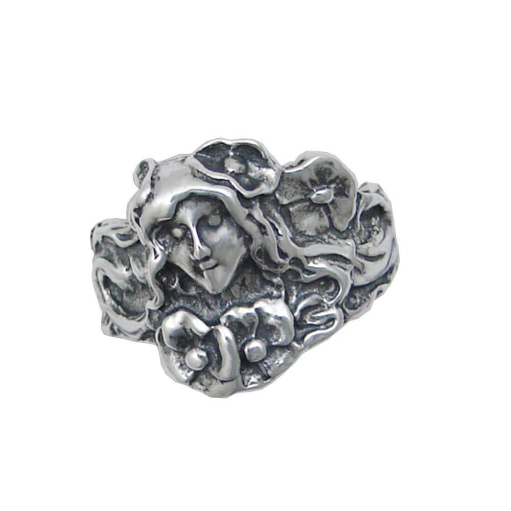 Sterling Silver Woman Surrounded By Flowers Ring Size 9