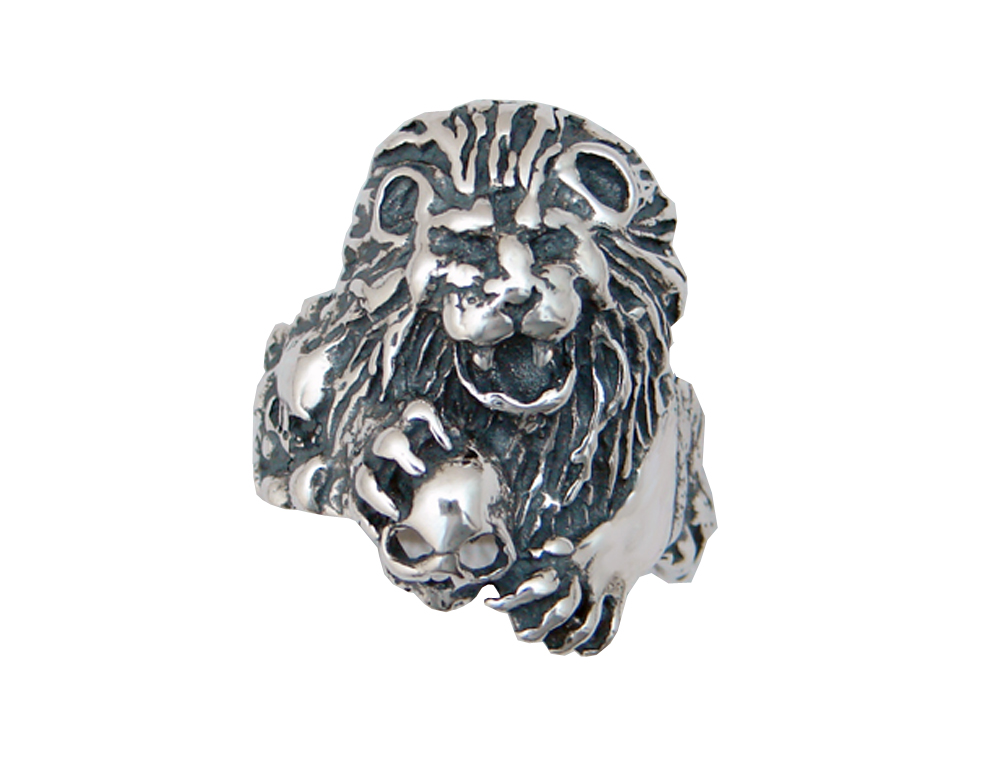 Sterling Silver Lion Head With Skull Ring Size 11