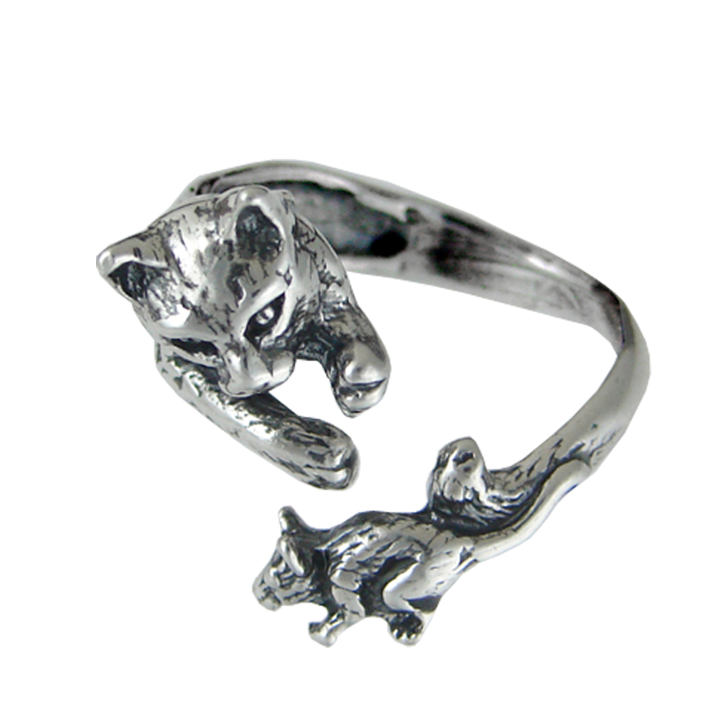 Sterling Silver Adjustable Kitten And Mouse Ring Size 6