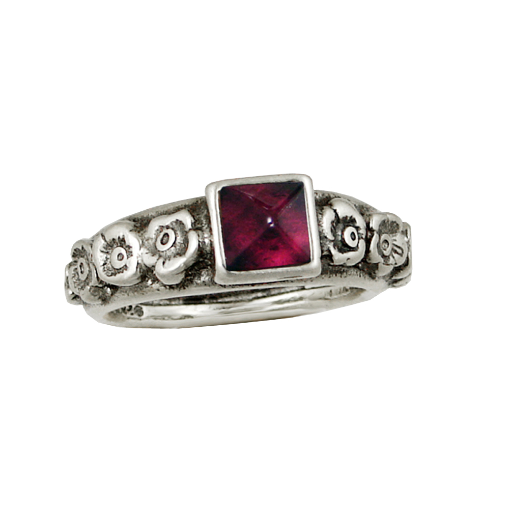 Sterling Silver Flower Ring With Square Cut Garnet Size 10