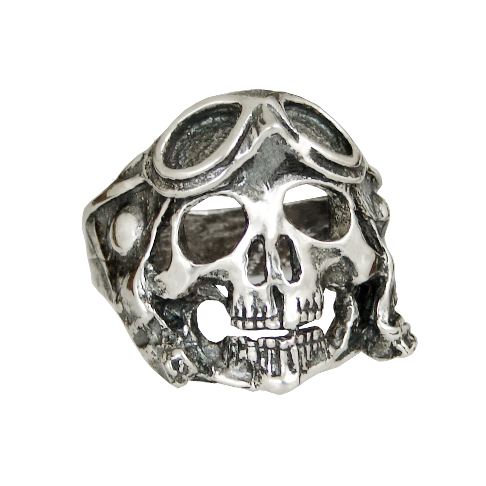 Sterling Silver Goggled Aviator Biker Skull Ring Size 9