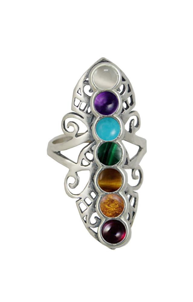 Sterling Silver Chakra Ring With Gemstones Size 8